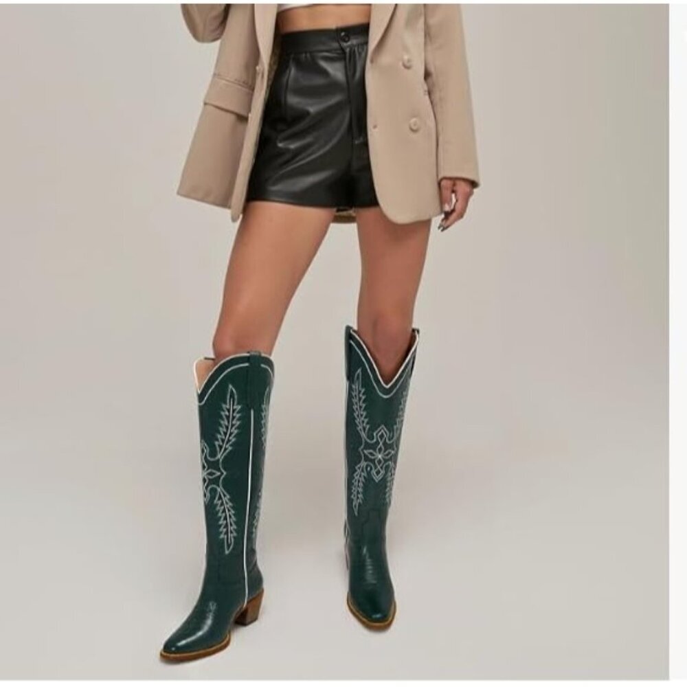 Women's Green Mid Calf Cowgirl Western Boot Embroidered Suede Pull On Almond Toe - Picture 2 of 6